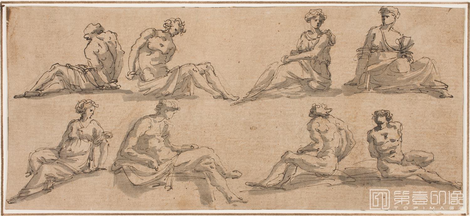 素描-西班牙普拉多美术馆素描藏画-Rossi, Giacomo-Figuras sedentes-1686